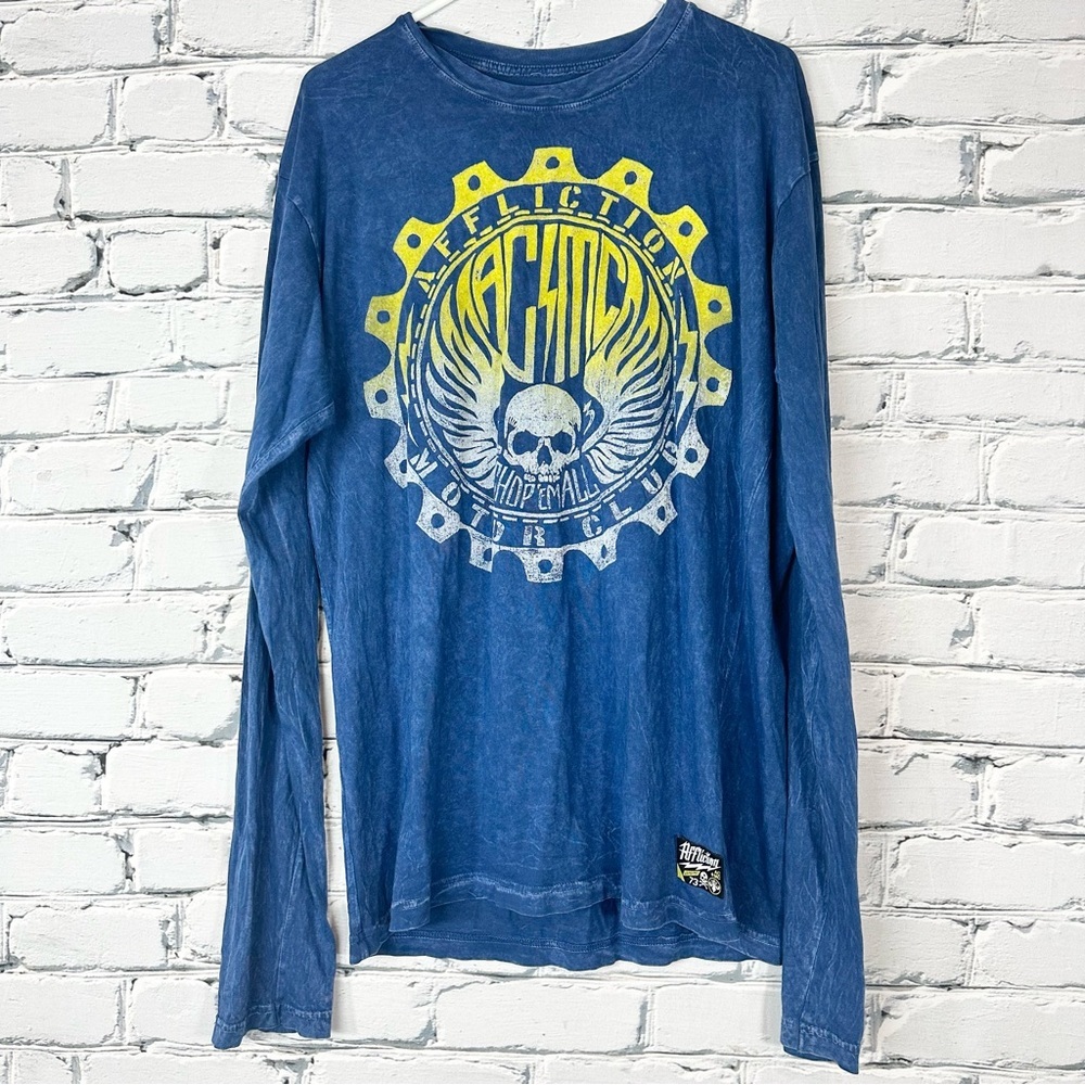 Affliction Mens Motor Club Graphic Tshirt XL Y2k Long Sleeve Blue Skull America